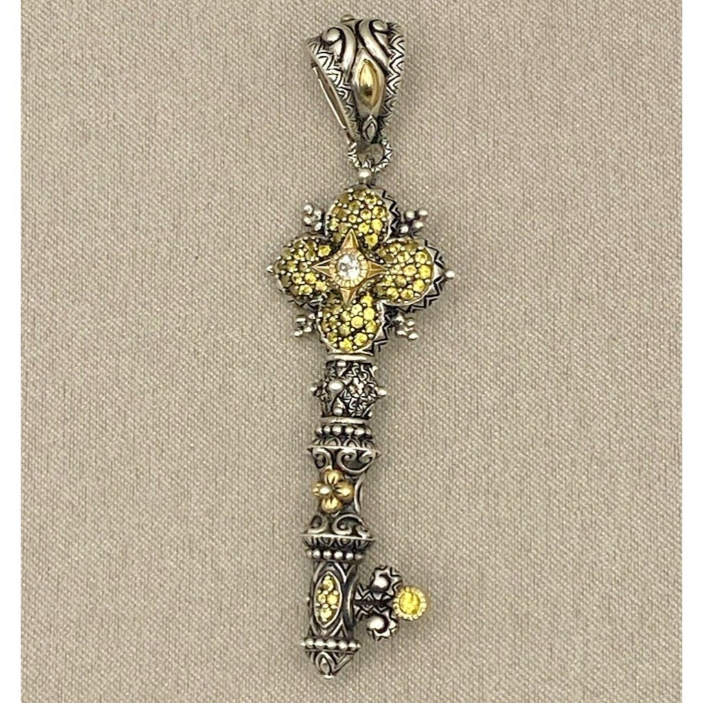 Barbara Bixby 925 Sterling 18k Yellow Sapphire Pav Flower Key Enhancer Pendant